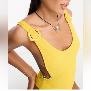 NWT Reclaimed (Vintage) yellow crinkle swimsuit with low back and flower ring